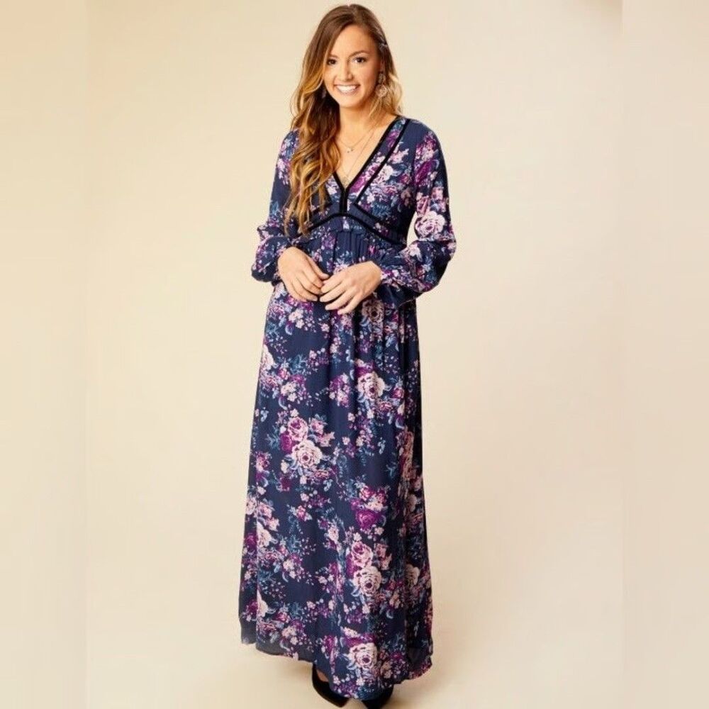 Altar’d State Boho Maxi Dress M Floral Navy Empire Waist Fairy Whimsgoth